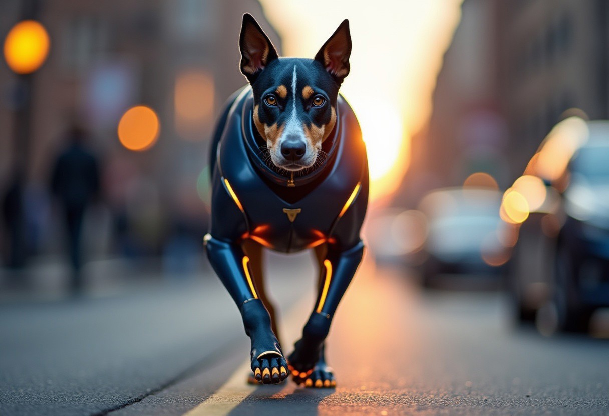 facing camera, beautiful dog's head, on a navy blue cyborg dog's body with gold trim, face and eyes and neck are normal, neon lights outline legs and body, bright studio lights are lighting face, walking down a city street on all four paws, at dusk, sun is behind but not visible