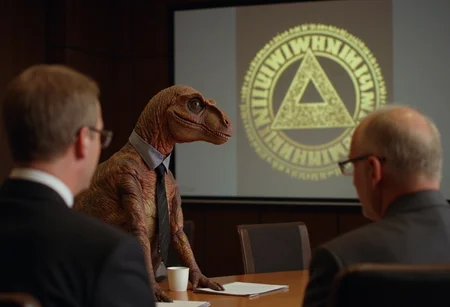 cinematic medium shot of a dinosaur with suit and tie taling to a man with suit and tie in a conference room. An illuminati logo is projected onto a screen in the background using a video projector, photorealistic, sharp focus, very detailed skin texture <lora:dinosaur_practical_fx-000025:1>