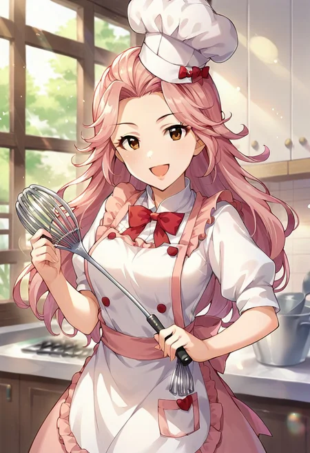 score_9, score_8_up, score_7_up, source_anime,hamakawa ayuna, 1girl, solo, long hair, looking at viewer, smile, open mouth, hat, bow, brown eyes, pink hair, apron, chef hat, whisk, chef