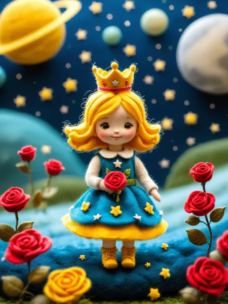 Felt world,felt style,Felt-World\(style\),A little girl from a fairy tale,with yellow hair,a crown,a gorgeous dress,holding a rose,a rose field on the moon,planets,loneliness,sparkling starry sky,wool felt,handcrafted,artistic,3D,realistic details,,<lora:Felt-WorldXL-V1:0.7>,