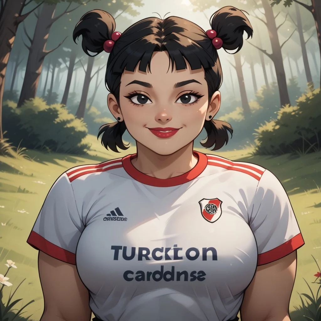 score_9, score_8, BREAK, solo, black hair, plump, lipstick, makeup, hair bobbles, earrings, hair ornament, twintails, black eyes, RiverPlate, striped shirt, striped, shirt, white shirt, short sleeves, clothes writing, sportswear, soccer uniform,, short twintails, jewelry, striped shirt, big breasts, total drama, Sadie_(Total_Drama), cute, sexy pose, self portrait, smile, outdoors, sunlight, shadows, evening lighting, natural lighting, forest, trees, grass, orange sky, sunset