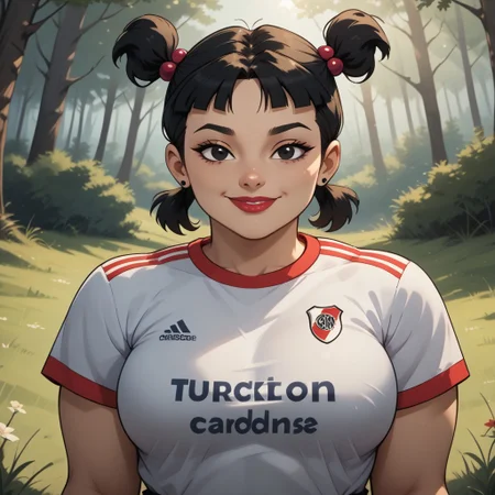 score_9, score_8, BREAK, solo, black hair, plump, lipstick, makeup, hair bobbles, earrings, hair ornament, twintails, black eyes, RiverPlate, striped shirt, striped, shirt, white shirt, short sleeves, clothes writing, sportswear, soccer uniform,, short twintails, jewelry, striped shirt, big breasts, total drama, Sadie_(Total_Drama), cute, sexy pose, self portrait, smile, outdoors, sunlight, shadows, evening lighting, natural lighting, forest, trees, grass, orange sky, sunset