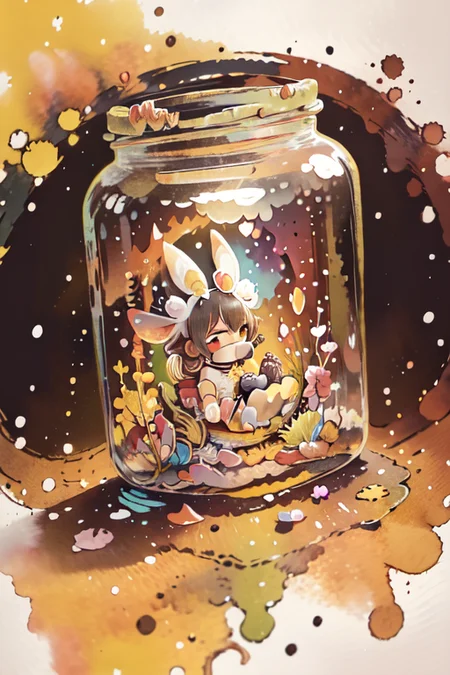 fairy in jar, 1girl, fairy wings, blushes, open shoulders, morning, small breasts, (black hair, messy hair), bunny ears, bright colors, watercolor art style, (2d, art), <lora:GoodHands-vanilla:1>, <lora:Loraeyes_V1:1>, <lora:Jar_v1_LORA:1>, <lora:more_details:-0.5>, <lora:cute00d:1>