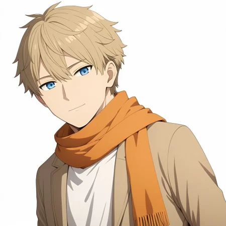 ASCIImasterpiece, best quality, full body portrait, loid_forger, 1man, slim lean body, arms stretch, (blue eyes, perfecteyes), small orange scarf, white undershirt, brown coat, in front of a (plain white background: 1.2), 4k, 8k, intricate detail, soft warm lighting,
