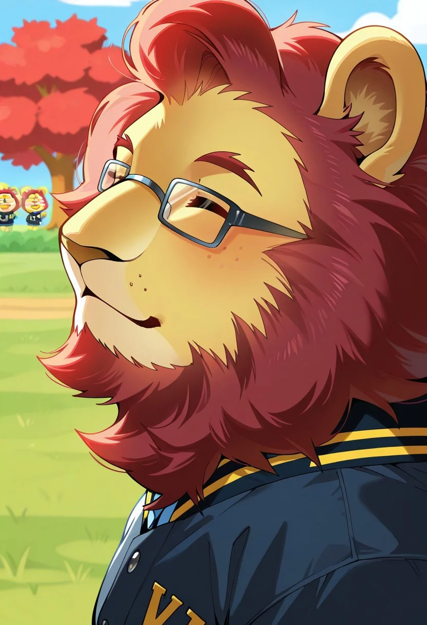 masterpiece,best quality,amazing quality, 1boy, solo, bara, face focus, mott_(animal_crossing), furry, male, lion, anthro, lion ears, facial hair, glasses, closed eyes, blue versity jacket, red mane, side angle, outdoors,