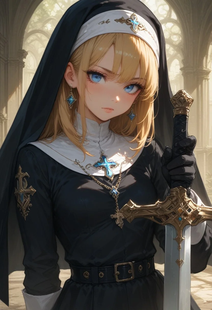 masterpiece ,best quality ,amazing quality ,very aesthetic,1girl,solo,one weapon, blond hair ,blue eyes , nun, black uniform, earrings, jewelry ,one sword, gloves ,female ,holding ,holding weapon ,habit.