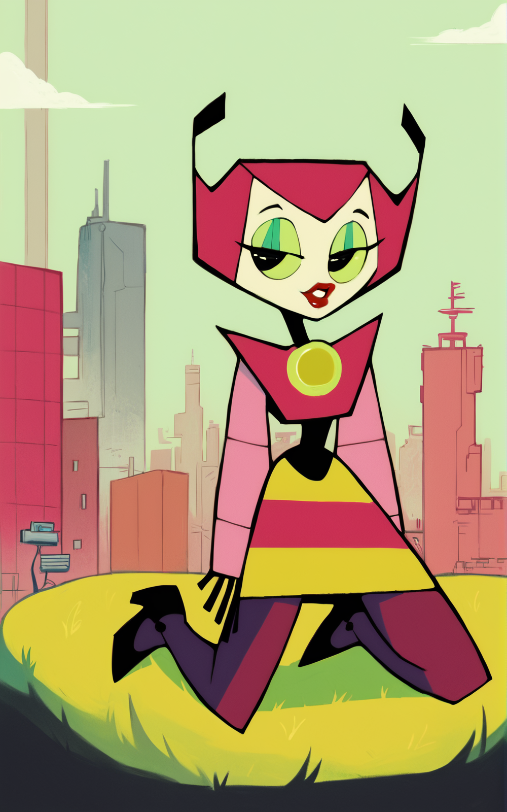 score_9, score_8_up, score_7_up,((best quality)), absurdres, full body, <lora:BolivanteStyle:0.8>,  <lora:VPXL-03:0.8>,VPXL, robot, pink hair, white skin, striped skirt, long sleeves, pink sleeves, skirt, black footwear, featureless feet, lipstick, green sclera, pink pantyhose, pantyhose, makeup, black eyes, kneeling, grass, futuristic, city, pinup,half-closed eyes
