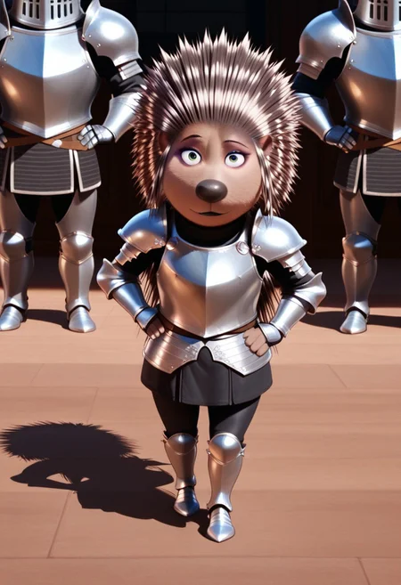 solo focus, solo, ashporcupine, standing, hand on hip, looking at viewer, knight's armor, full armor, pauldrons, gauntlets, greaves, cuisses,