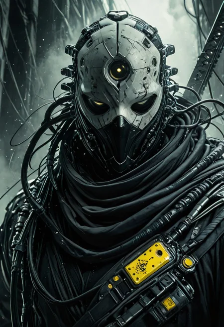 Monochrome with beige, white, bleaked yellow-turqoise color, desaturated Cyber scout Samurai with broken Face plate, high collar scarf billowing in storm, shaded eyes, Face Closeup, exposed wires and cables, damaged, highly detailed, cinematic Low Angle View, Motion lines And floating particles, darkness within, emitting from His suit are translucent vibrant tendrils that are used AS weapon, deep blacks, high contrast ,