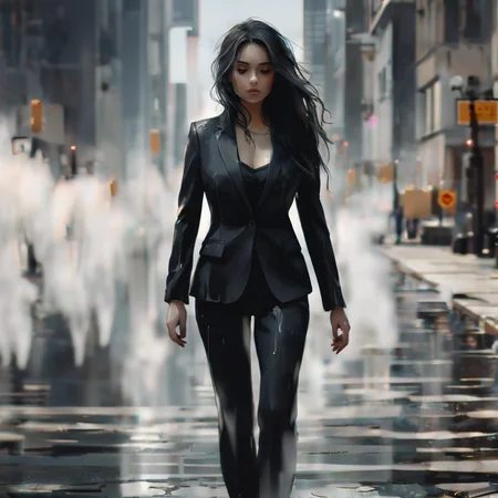 a beautiful woman melting, black office suit made of melted black wax, wet hair, walking on the sidewalk, unreal, water vapor, black liquid, modern city, midday sun, sun reflections <lora:sd_xl_offset_example-lora_1.0:-0.5> <lora:Projext_X2:-1.0>