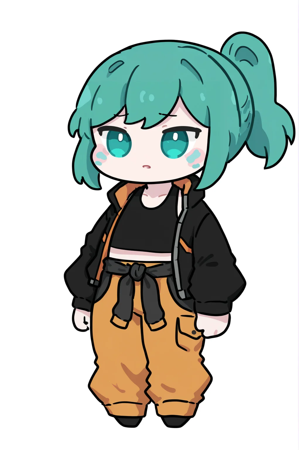 1girl, solo, LennaOC, teal hair, cyan cheek marks, sweeping bangs, ponytail, flat chested, black croptop, black jacket, long sleeves, shiny orange jacket accents, orange trims, orange pants, dark grey pockets, dark grey trouser accents, white background
masterpiece, best quality, newest, absurdres, highres, sensitive, <lora:Lenna_Illustrious:1> <lora:lora:1>, chibi, kawaii, cute, simplistic