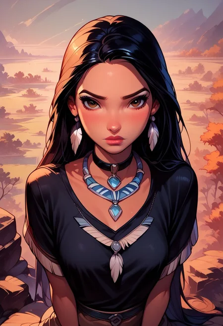 score_9, score_8_up, score_7_up,Goth girl, goth girl 1girl, Pocahontas \(Disney\),(ultra HD quality details), Native American girl, black long hair, tribal, solo, looking at viewer, brown eyes,shirt, jewelry, closed mouth, earrings, choker, necklace, lips, black shirt, from above, black choker,