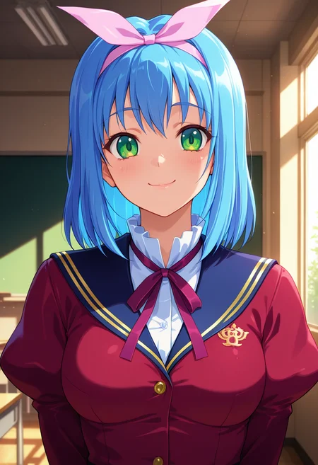 masterpiece, best quality, amazing quality, absurdres, 1girl, solo, (portrait:1.2), nagisaww, green eyes, blue hair, medium hair, pink hairband, pink hair bow, medium breasts, school uniform, purple neck ribbon, red jacket, white dress shirt, puffy sleeves, looking at viewer, smile, indoors, day, skindentation, detailed clothing folds, depth of field, sharp, high contrast, dynamic light <lora:Mizushiro_Nagisa_Gakuen_Saimin_Reido_ill:0.8>