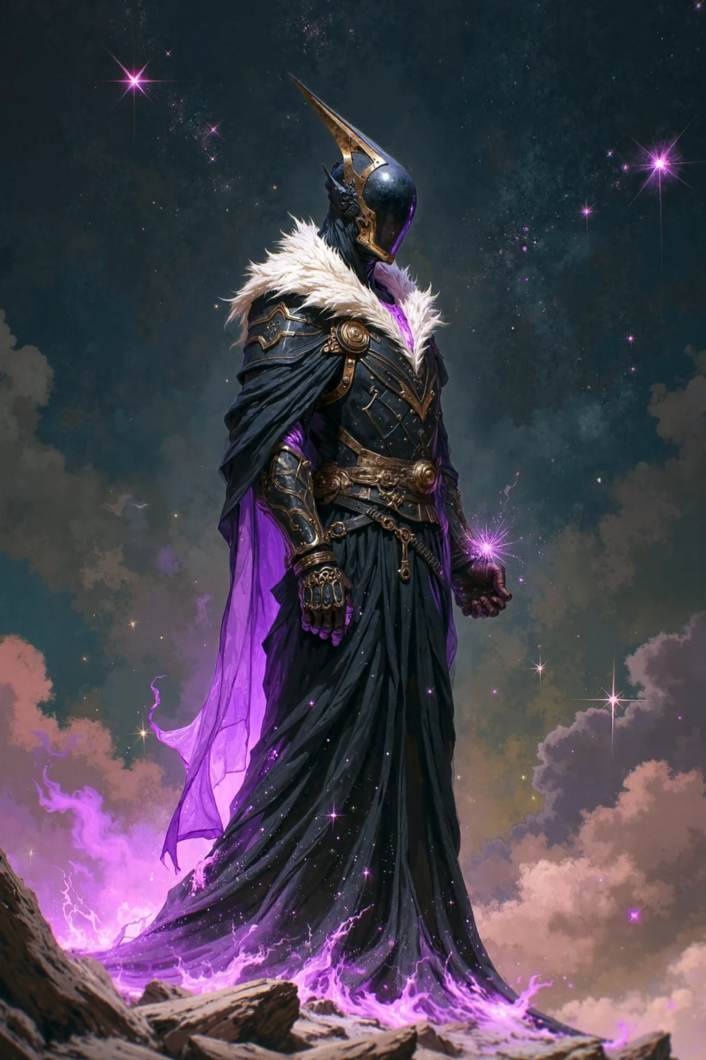 <lora:FLUX-daubrez-DB4RZ-v2:0.5>,<lora:FluxMythP0rtr4itStyle:0.4>,overwhelming male alpha centauri,atmospheric engineer,robe,fluxus with perfect  composition that looks like timeless experimental stunning opus magnum with elegant details,evenly focused with frilly and midnight black,robust atmosphere of responsive with solid and manganese violet vibrant colors,manufactured from starry sky,a dark background with twinkling stars,setting a magical and romantic tone,