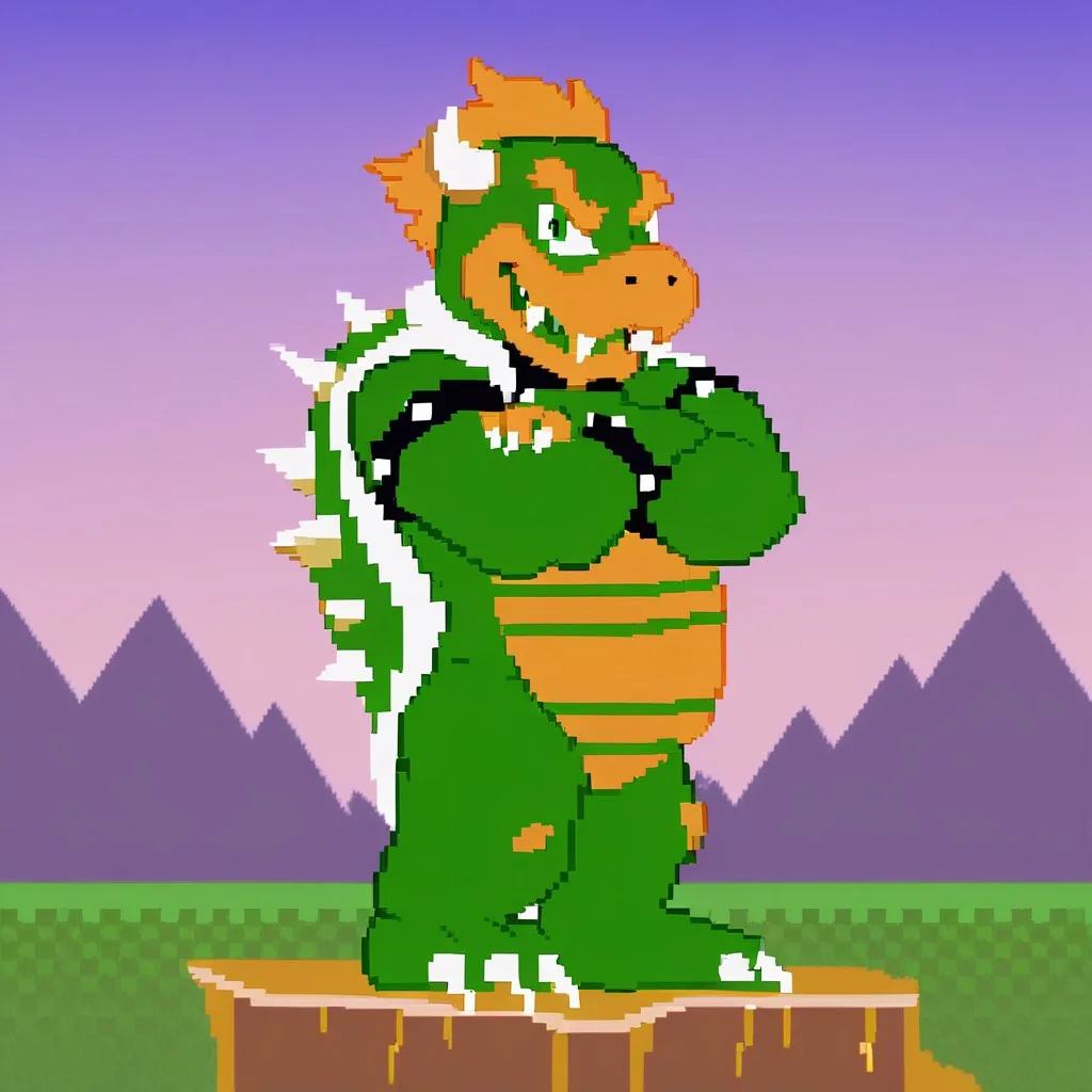 B_SMW, Expressiveh, score_9, score_8_up, score_7_up, score_6_up, score_5_up, score_4_up, source_furry, hi res, sfw, 2D, pixel art, 16bit, dark green lineart,

solo, 1boy, animal focus, Bowser, koopa, turtle, scalie, muscular, slightly chubby, bulky, horns, spikes, tail, claws, green shell, orange eyebrows, big fangs, green scales, orange belly, orange hair, green eyes, bracelet, collar, full body,

standing, looking at viewer, crossed arms, sky, clouds, mountains, chubby.