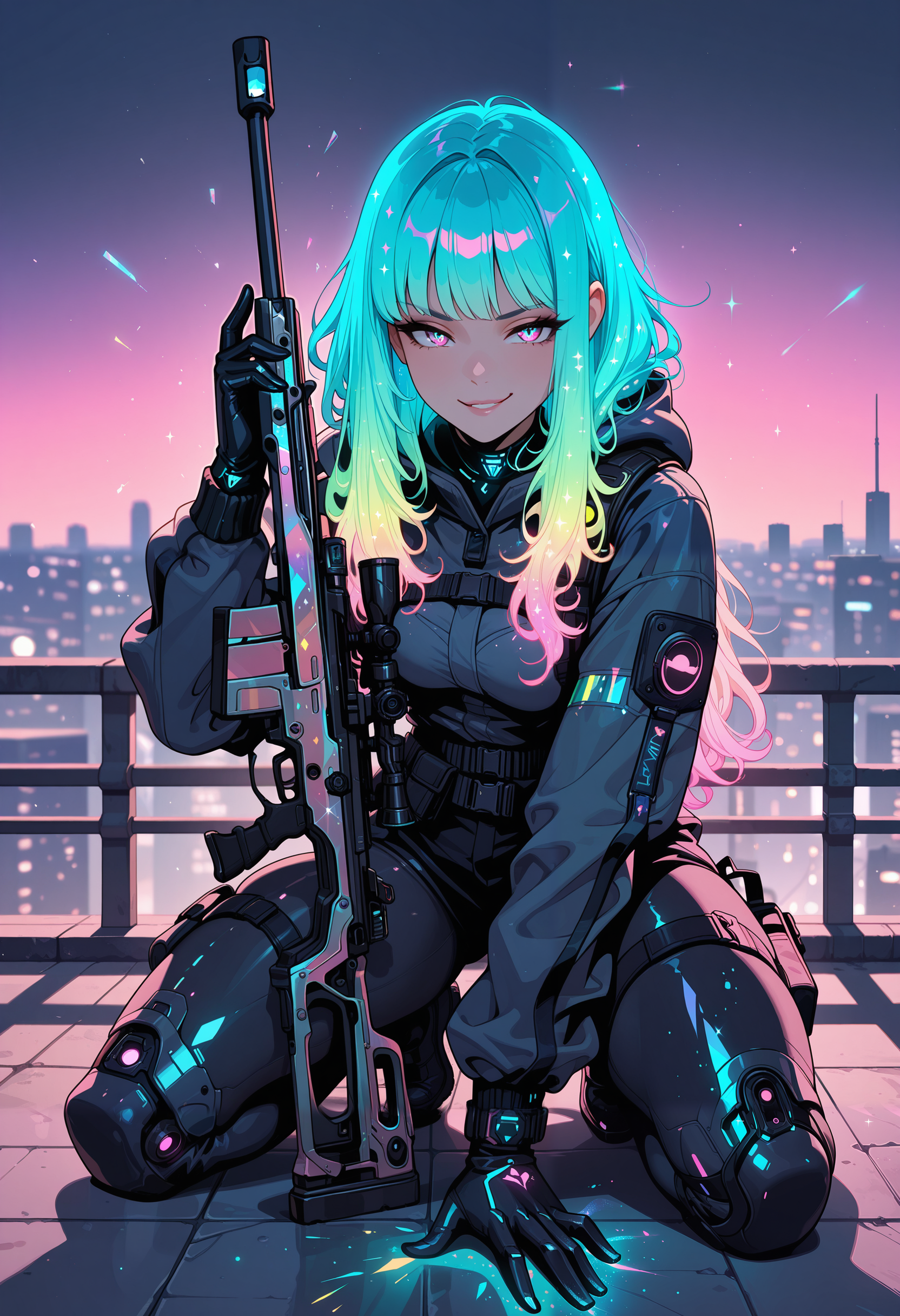 masterpiece, best quality, good quality, very aesthetic, absurdres, newest, 8K, depth of field, focused subject, 1girl, flirting smirk, kneeling on rooftop, holographic, holofoil glitter, faint, glowing, ethereal, neon hair, glowing hair, long hair, bob-like layers ,trigger discipline, sniper rifle, looking at the viewer, in the style of cknc, in the style of ck-rw