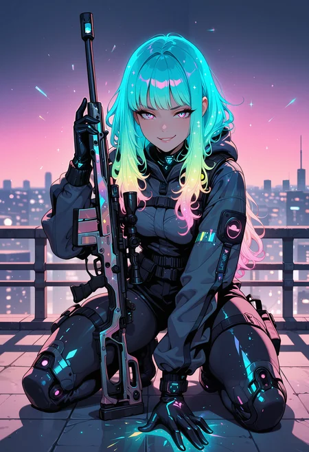 masterpiece, best quality, good quality, very aesthetic, absurdres, newest, 8K, depth of field, focused subject, 1girl, flirting smirk, kneeling on rooftop, holographic, holofoil glitter, faint, glowing, ethereal, neon hair, glowing hair, long hair, bob-like layers ,trigger discipline, sniper rifle, looking at the viewer, in the style of cknc, in the style of ck-rw