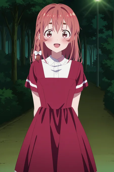 anime screencap, anime coloring, detailed face, masterpiece, best quality, very aesthetic, absurdres, volumetric lighting, official style, amazing quality, ultra detailed, highres, amazing quality, scenery, beautiful detailed hair, beautiful detailed eyes,
<lora:Sumi_Sakurasawa_Rent-A-GirlfriendKanojo_Okarishimasu:1>
outside,
Sumi red dress (outfit), Sumi Sakurasawa (character), 1girl, dress, red hair, looking at viewer, hair bow, red dress, blush, bow, white bow, shirt, red eyes, :D, happy girl, cowboy shot,