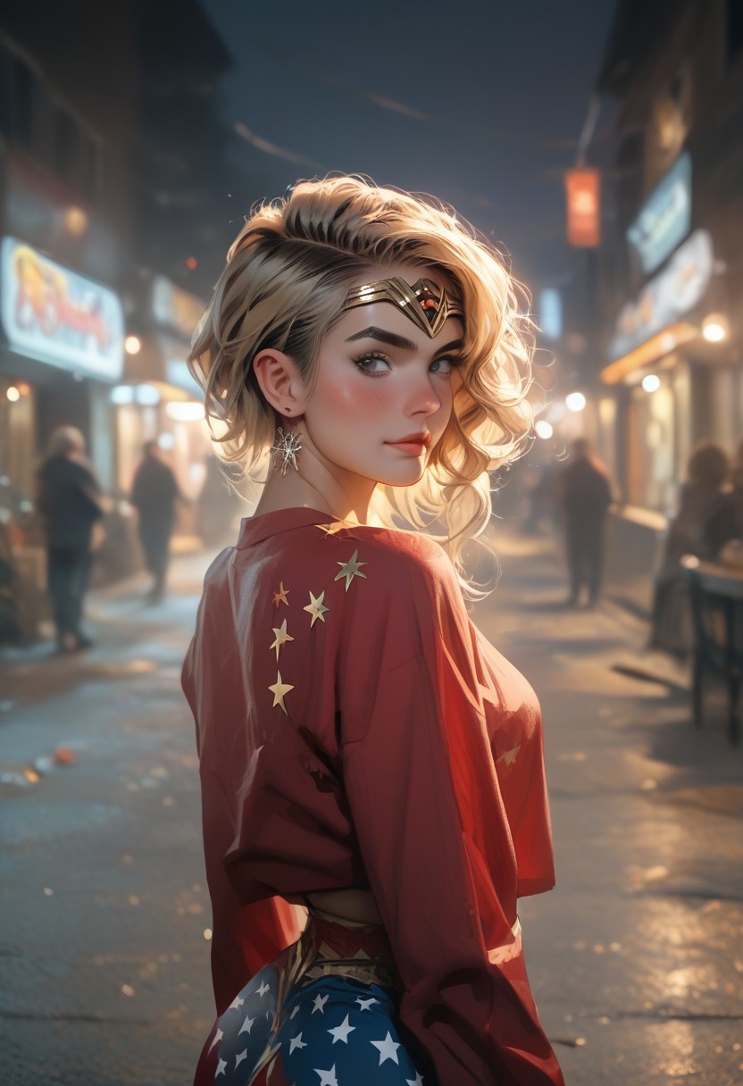 score_9, score_8_up, score_7_up, 1girl ( undercut light blonde, medium breasts, plump ass, wonder woman custom, ), blush,   seductive, seductive pose, in street at night, masterpeice, cinematic lgiht,