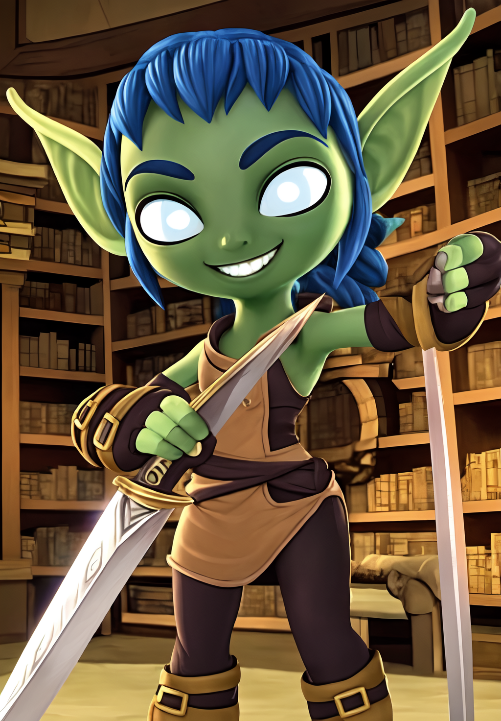 <lora:stealth_elf:0.8>, stealth_elf, 1girl, solo, smile, gloves, holding, weapon, sword, fingerless gloves, holding weapon, book, knife, bookshelf