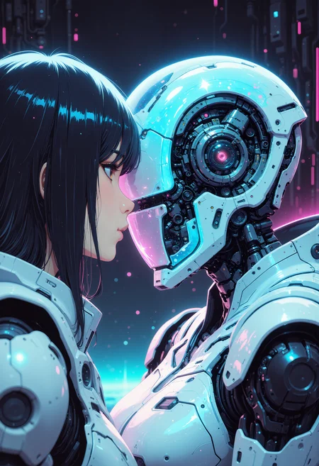 portrait,
eye contact with an elegant cyborg robot, white and neon ceramic material, full transparent glass head with mechanical parts, Sci-fi anime movie (style by George Shaw), shallow depth of field, vignette,