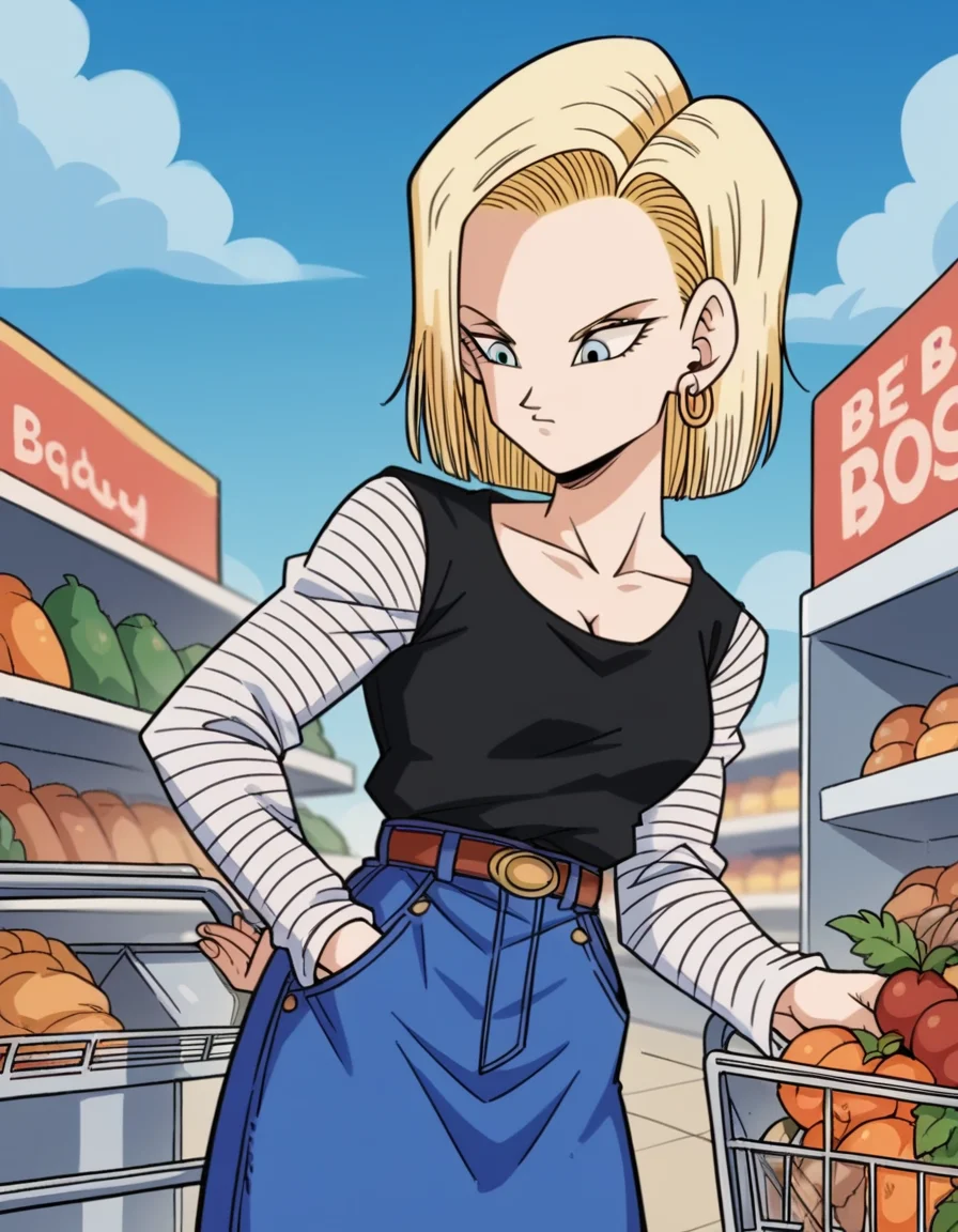 score_9, score_8_up, score_7_up, source_anime, <lora:android-18-anime-ponyxl-lora-nochekaiser:1>, android 18, blonde hair, blue eyes, eyelashes, hoop earrings, short hair, earrings, belt, black legwear, black shirt, breast pocket, cleavage, collarbone, denim, denim skirt, high-waist skirt, jewelry, long sleeves, pocket, shirt, shirt tucked in, skirt, striped, striped sleeves, waistcoat,, grocery store, shopping cart, picking fruits, everyday life,, cowboy shot, dutch angle