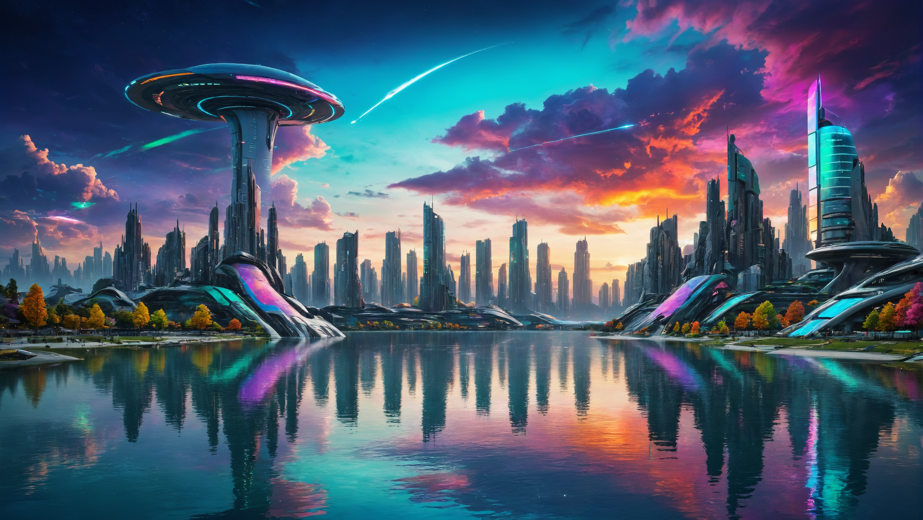 A futuristic cityscape,with a colorful,sky and a lake in the foreground,
<lora:Landscapes-v1.1:0.8>,