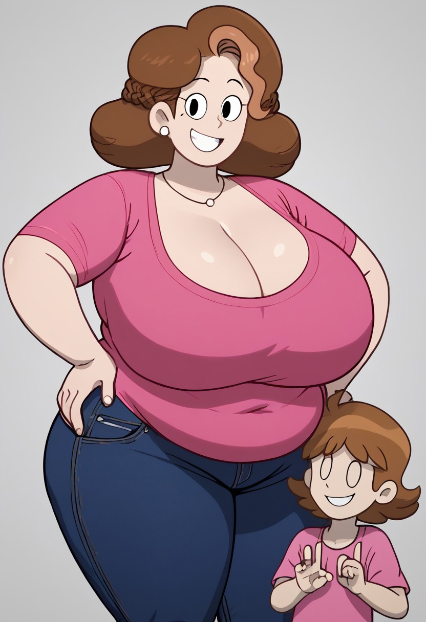 (score_9 | score_8_up | score_7_up) ((masterpiece:1))(best quality,very high quality,ultra detailed:1.2) (2D,cartoon style,anime style)(Smooth:2)(clean blurring) (four fingers on each hand,one thumb on each hand:1),1female,sole female,black eyes,perfect face,accurate,screencap,looking at viewer,,dot eyes,huge breasts,bbw,fat,brown hair,pink shirt,pants,smile,full clothed,hands on hips,cleavage