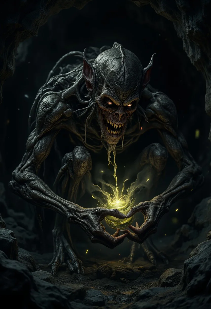 horror show, monster, nightmare, fear, Cinematic style
play of shadow and light, Beauty,
"A hyper-realistic, dark fantasy scene featuring a grotesque, twisted creature with large, bulging eyes, sharp teeth, and thin, frail limbs. The creature is crouched in a dimly lit cave, intensely gazing at a glowing, mystical ring it holds in its bony hands. The light from the ring illuminates the creature's face, casting eerie shadows and emphasizing its desperate, possessive expression. The environment is dark and rocky, with a sense of claustrophobia. The creature's skin is wet and glistening, adding to its unsettling, almost feral appearance."