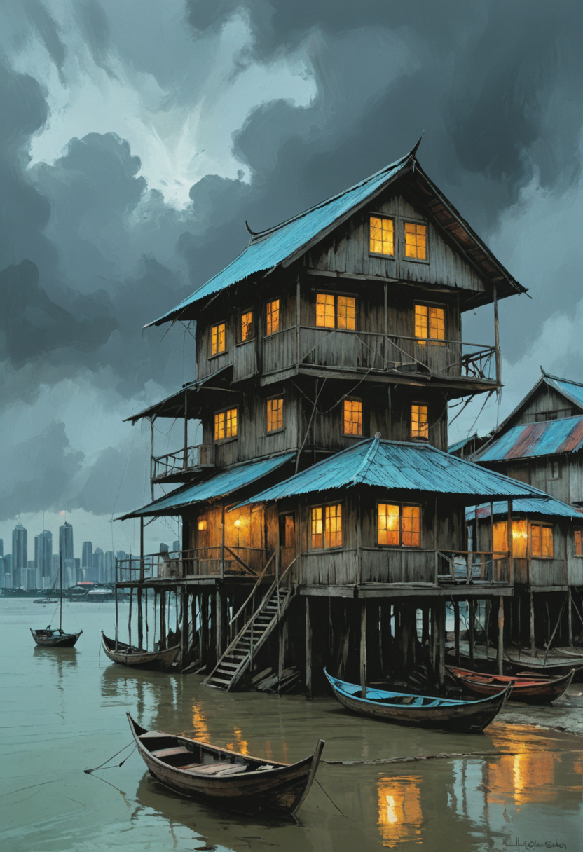 (((Swathed in the embrace of an immanent twilight, the sprawling metropolis of Kuala Lumpur stood in sharp relief against a brooding sky. Neon lights flickered and whirred, casting their ethereal glow upon cobbled streets lined with lithe cafe's huddled together like lantern-lit boats rocking upon the waves of a stormy sea. At the beating heart of it all was an intricately woven network of fragile wooden stilt houses, the humble abodes of the last vestiges of a village that had once stood tall and proud upon the shores of this sprawling metropolis.))), ((Beautiful painting, brush strokes, digital art, extremely detailed illustration, cinematic, vast, epic, incredible perspective, breathtaking, awe-inspiring))
