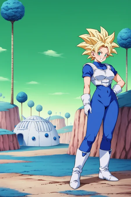 score_9, score_8_up, score_7_up, score_6_up BREAK namek,building,house,outdoors, blue grass, tree,green sky,1girl,full body, looking at viewer, teal eyes, blonde hair,smile,saiyan armor, blue bodysuit, white gloves, white boots,standing <lora:Namek:1>