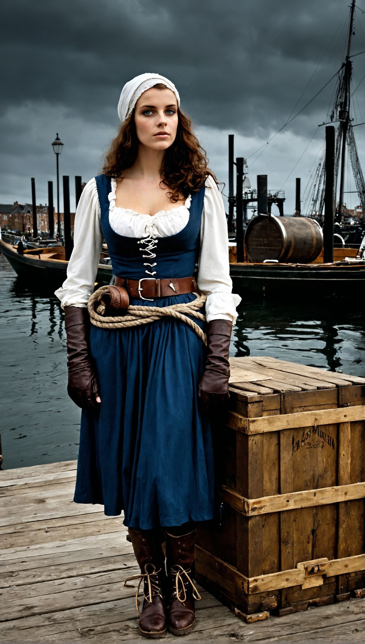 award-winning editorial masterpiece, RAW editorial photo, 1girl, 18yo, gorgeous, cute face, cute girl, dynamic composition, engaging narrative, high-quality details, evocative mood, immersive scene, realistic textures, captivating atmosphere, (style of Annie Leibovitz), medieval dock sexy busty adult woman dock worker, bollards, rugged medieval attire, rough-spun tunic, leather belt, large covered breasts, cleavage, practical boots, headscarf, leather gloves, simple tool belt, earthy tones, deep blues, grays, gritty and determined, natural lighting, overcast sky, shadows, highlights, medieval dockyard, wooden crates, barrels, carracks, rough wooden textures, calm water, strong confident stance, determined expression, holding dock equipment, unique elements, seagull perched on crate, distant carrack, (medieval dock female dock worker:1.2), (style of Frank Frazetta), coiled ropes, wooden sailing ships, harpoons and cannonballs, setting sun, (dramatic lighting:1.03), (dark fantasy atmosphere:1.1), (background cityscape:0.8), Imogen_Serberkummer