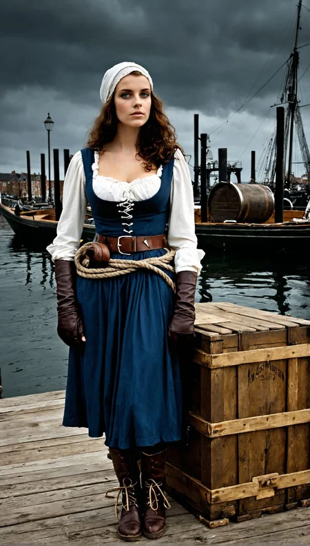 award-winning editorial masterpiece, RAW editorial photo, 1girl, 18yo, gorgeous, cute face, cute girl, dynamic composition, engaging narrative, high-quality details, evocative mood, immersive scene, realistic textures, captivating atmosphere, (style of Annie Leibovitz), medieval dock sexy busty adult woman dock worker, bollards, rugged medieval attire, rough-spun tunic, leather belt, large covered breasts, cleavage, practical boots, headscarf, leather gloves, simple tool belt, earthy tones, deep blues, grays, gritty and determined, natural lighting, overcast sky, shadows, highlights, medieval dockyard, wooden crates, barrels, carracks, rough wooden textures, calm water, strong confident stance, determined expression, holding dock equipment, unique elements, seagull perched on crate, distant carrack, (medieval dock female dock worker:1.2), (style of Frank Frazetta), coiled ropes, wooden sailing ships, harpoons and cannonballs, setting sun, (dramatic lighting:1.03), (dark fantasy atmosphere:1.1), (background cityscape:0.8), Imogen_Serberkummer