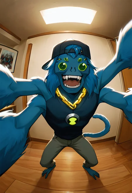 masterpiece, best quality, amazing quality, very aesthetic, absurdres, newest,, detailed background, 
spidermonkey, extra eyes, solo, blue skin, extra arms, long blue tail, , green eyes, teeth, blue hair, , teeth, fangs, four arms, 
fisheye, backwards cap, golden chains, selfie, 2000s flash photo, living room,