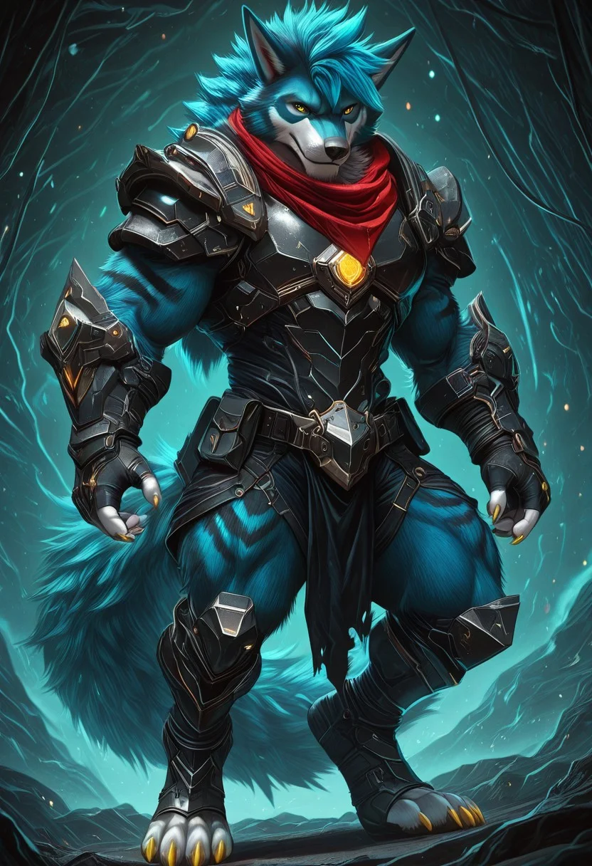 Canine paws, Feline paws, digital pads, metacarpal pad, 4toes, claws, detailed paws, [color] paws, Mixed Style, Furry, armored anthro, spellblade, Furry Cyberpunk, Fursuit, EyesHD, Magnificent picture of perfect anatomy, furry, male, Wolf, fluffy fur, fluffy, furry body, (wolf print), Yellow Eyes, Black pupils, Detailed Eyes, ((Light-blue Body Fur)), Fluffy tail, wolf Tail, ((Light-blue Tail Fur)), ((White tip Tail)), Midnight Lycanroc_(Pokemon) head, multicolor hair, long hair, (Blue hair), long fluffy mohawk hair, (long peak finish:1.5), (Aqua peak finish:1.5), ((Navy Blue Highlights)), white muzzle, white forearms, ((black stripes:1.5)), (arm stipes:1.5), (legs stripes:1.5), Whiskers, perfect Hands, ((animal feet)), ((white Toes, 4 toes)), ((white Soles)), ((Pink paws)), (Sharp claws:1.3) (yellow claws:1.5), ((White torso)), Full body Armor, waist armor, chest armor, Golden details in armor, Well-proportioned Body, Thick black eyebrows, well-toned, masterpiece, (perfect anatomy:1.7), hi res, cowboy_shot, Adult Male, Ultra-clear, cute_fangs, Red neck bandana, Beautiful and attractive Wolf, 64K, detailed CG, masterpiece, semi-realistic, furry male, male focus, bara, mature male, biomechanical style handsome furry anthro man, manly, lean body, solo, portrait, full body, blend of organic and mechanical elements, futuristic, cybernetic, detailed, intricate, wolf boy,