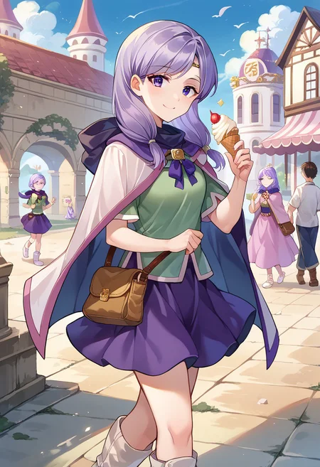 score_9, score_8_up, score_7_up, source_anime, <lora:IlyanaPoRXL:1> ilyanaPoR, lavender hair, bangs, lavender eyes, purple skirt, green shirt, short sleeves, pink capelet, circlet, white footwear, knee boots,smile , holding ice cream, walking and eating, (tourist:1.2) ADDCOMM at the playground ADDROW amusement facilities ADDCOL (lively scene:1.3) ADDCOL in an amusement park BREAK