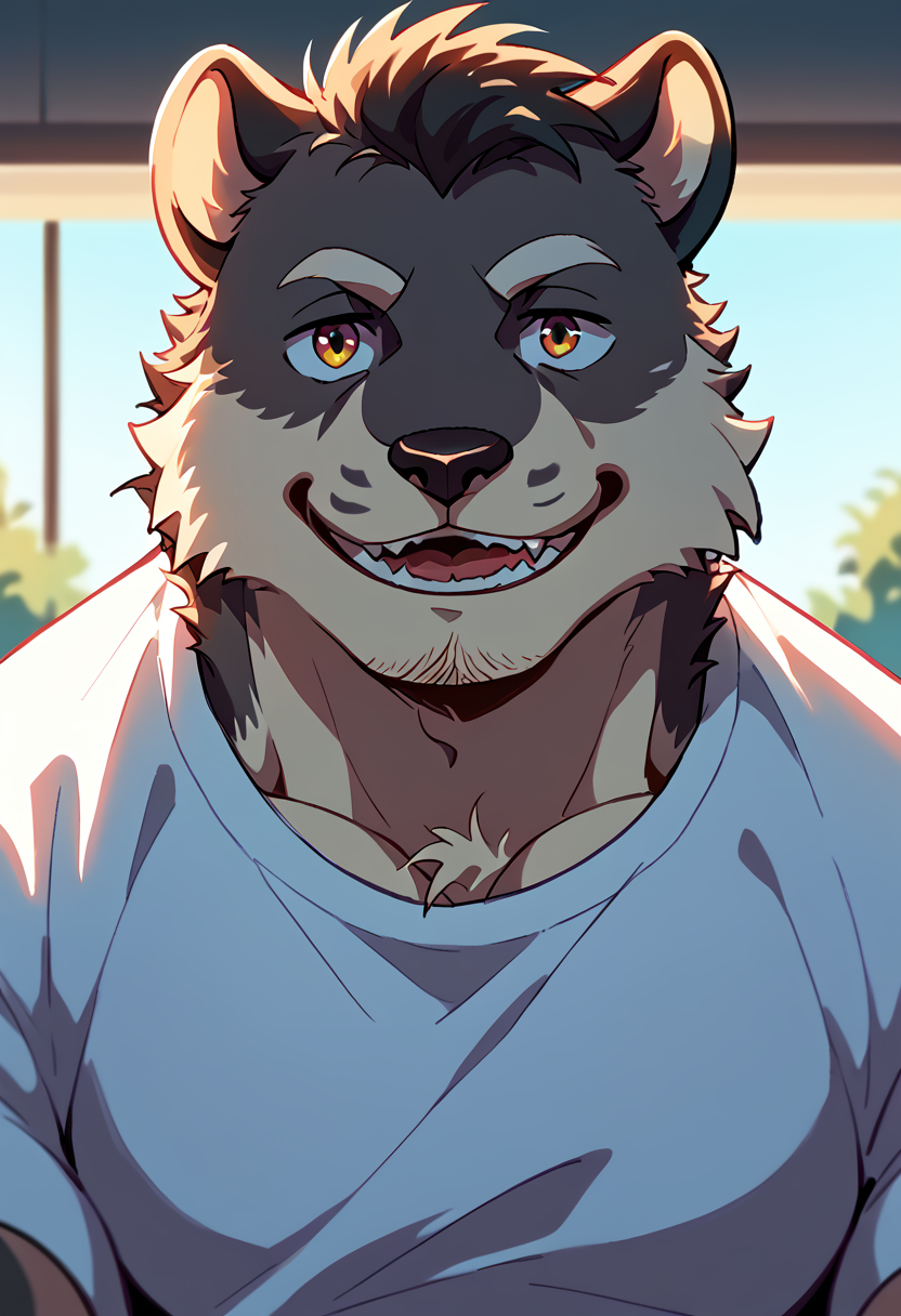 score_9, score_8_up, score_7_up, high quality, hires, by fruitz, furry, furry male, 1boy, solo, shirt, smile, bara, seductive, looking at viewer, <lora:Fruitz_style:1.2>