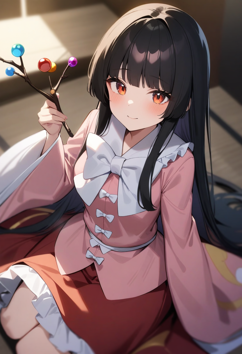 masterpiece,best quality,very aesthetic,absurdres,<lora:houraisan_kaguya:1>,1girl, houraisan_kaguya, long_sleeves, pink_shirt, wide_sleeves, red_skirt, white_bowtie, sidelocks, long_skirt, jeweled_branch_of_hourai