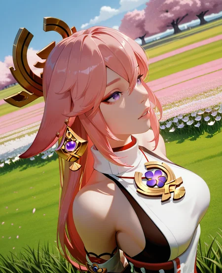 masterpiece, best quality, amazing quality, highres, absurdres, intricate detail, 3d, realistic, detailed skin, <lora:CakiiBB_style_ILLUS-000008:0.8> , yae miko, chinese clothes, parted lips, portrait, head tilt, from side, angle view, dynamic pose, scenery, cinematic, outdoors, grass, flower field, standing, looking afar, upper body, walking, arms behind back, cherry blossoms, detached sleeves,
