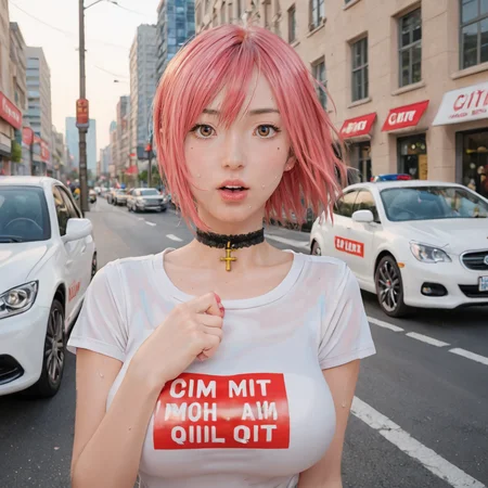 score_9,score_8_up,score_7_up, orgasm face, shiny oild skin, sweat, 
1girl, papiko, solo, choker, breasts, mole, cross, shirt, large breasts, lips, brown eyes, nail polish, clothes writing, pink nails, 
city in background, cars, traffic, 
 <lora:Chiho_Johansson_Papiko_-_Gigant_Hiroya_Oku:0.85>