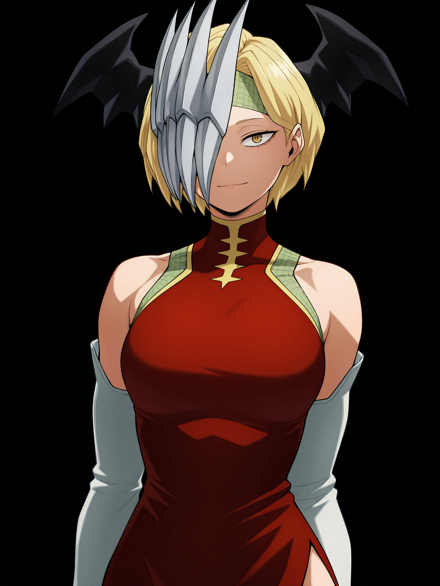 ryuko, short hair, blonde hair, hair over one eye, yellow eyes,
ryukohero, china dress, red dress, turtleneck dress, side slit, half mask, head wings, green headband, detached sleeves, bare shoulders, 
upper body, looking at viewer,  light smile,  <lora:Ryuko Illu:1>, masterpiece, best quality, amazing quality,, (simple background, black background:1.5),