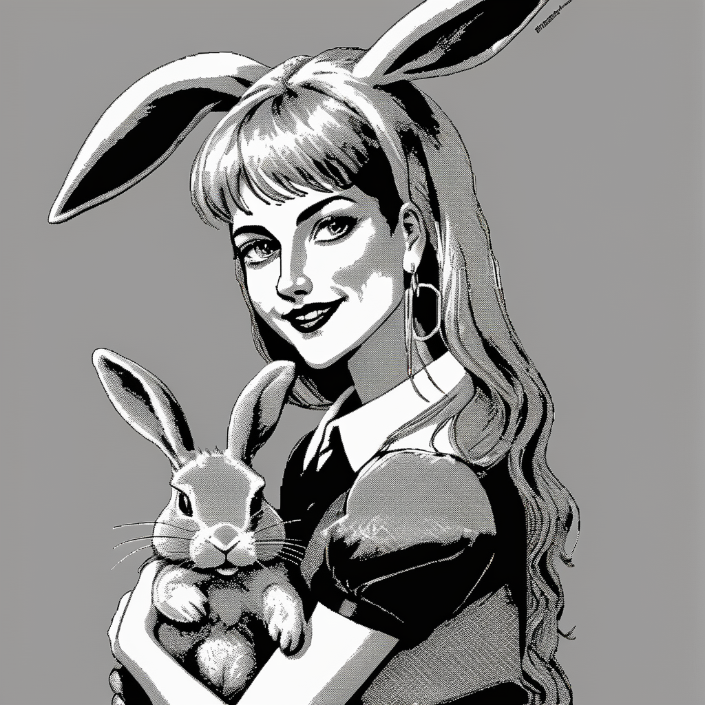 <lora:Macpaint-XL-000015:1>, Macpaint, black and white pixel image of beautiful smiling woman standing next to a creepy bunny rabbit, pixel art, best quality, 80s, minimalist,