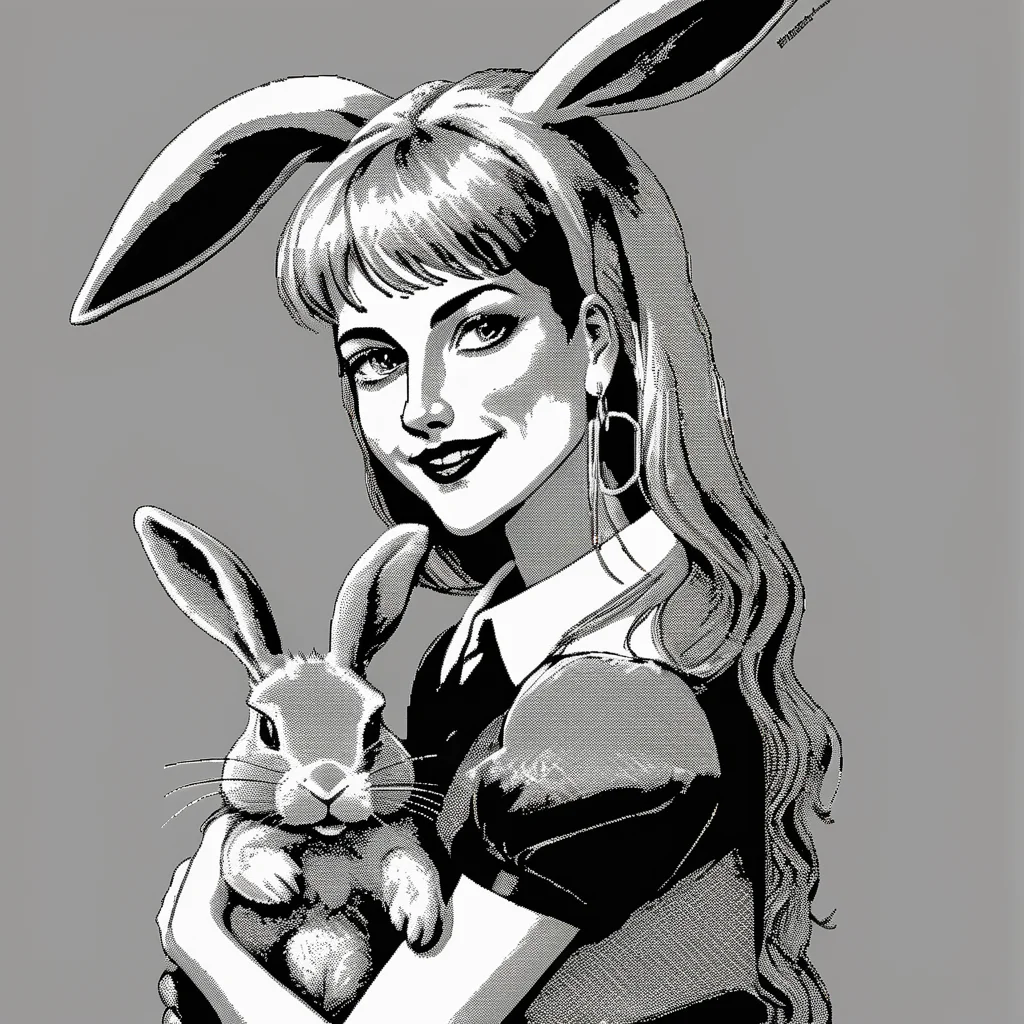 <lora:Macpaint-XL-000015:1>, Macpaint, black and white pixel image of beautiful smiling woman standing next to a creepy bunny rabbit, pixel art, best quality, 80s, minimalist,