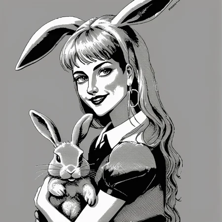 <lora:Macpaint-XL-000015:1>, Macpaint, black and white pixel image of beautiful smiling woman standing next to a creepy bunny rabbit, pixel art, best quality, 80s, minimalist,