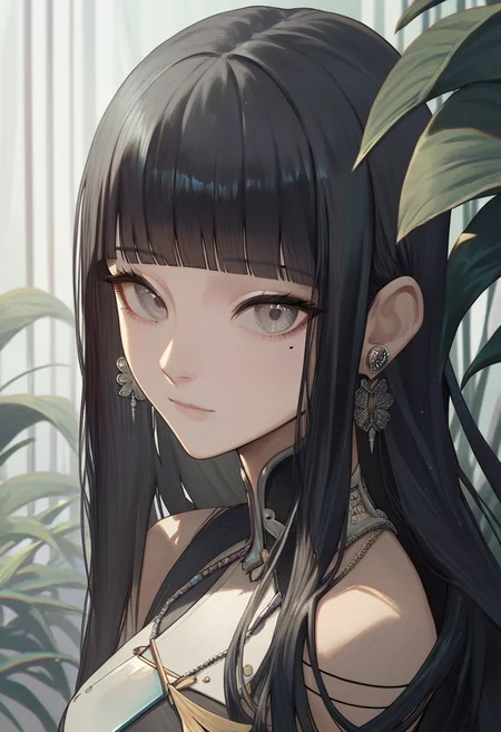 score_9, score_8_up, score_7_up, SLVTK, 1girl, solo, black hair, looking at viewer, mole under eye, jewelry, earrings, bangs, mole, blunt bangs, long hair, plant, closed mouth, upper body, grey eyes