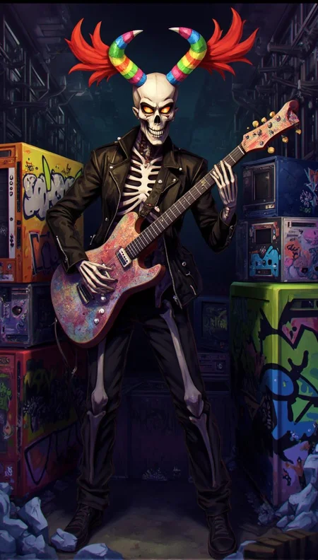 <lora:ck-LttleGhost-000011.safetensors:1> in the style of ck-lttlegh0stA rebel skeleton guitarist stands confidently, adorned with vibrant rainbow horns and a black leather jacket, surrounded by colorful graffiti-covered gaming PCs. Its eyes glow with an unsettling intensity as it holds its guitar, exuding a strange, otherworldly energy.