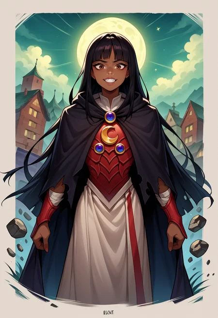 score_9, score_8_up,score_7_up, source_anime, rating_questionable, 1girl,solo, <lora:EPrtedChel-10:1>, EPrtedChel, long hair, black hair, straight hair, brown eyes, blunt bangs, dark-skinned female, dark skin,very dark skin, <lora:edgWraithPonyv1:0.8> edgWraith, hooded cloak, death armor, torn clothes ,wearing edgWraith, pale skin, dark cloak, shadowy alley, midnight, crescent moon, raven, flickering torchlight, arcane symbols, spectral presence, cursed sorcerer, menacing, ominous, malevolent, ruthless, crimson streaks, dripping blood, jagged teeth, wicked smile, piercing gaze, high contrast, black and white, comic book style, dynamic angles