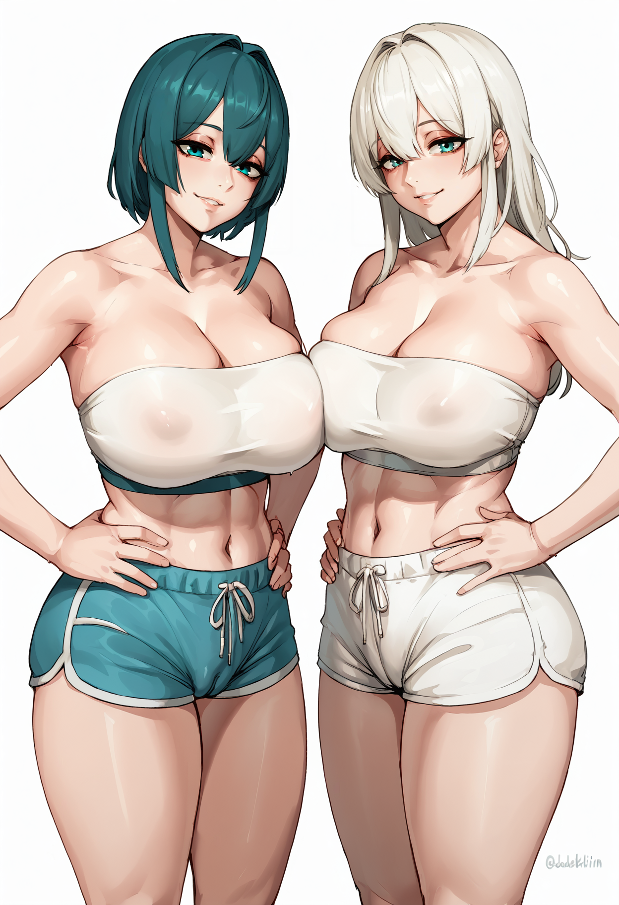 score_9, score_8_up, score_7_up, score_6_up, BREAK,
 <lora:Kirinkirin_Style_PonyXL_SNSFW:1.0> Kirinkirin_SNSFW, 
2girls, 
standing, hands on own hips, 
looking at viewer, half-closed eyes, light smile,
large breasts, curvy, 
white crop top, strapless, cleavage, 
skindentation, cameltoe, covered nipples, 
dolphin shorts,
white background, simple background,