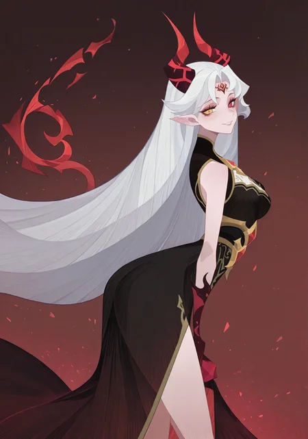 masterpiece, best quality, amazing quality, absurdres, very aesthetic
Lucilla_arena, white hair, red horns, glowing red eyes, black and gold dress, floating red sigils, demon aesthetic, long flowing hair, sharp ears,
<lora:afkArenaIllustrious:1.2> AfkArenaStyle <lora:Lucilla_arena-e100_s1000:1>