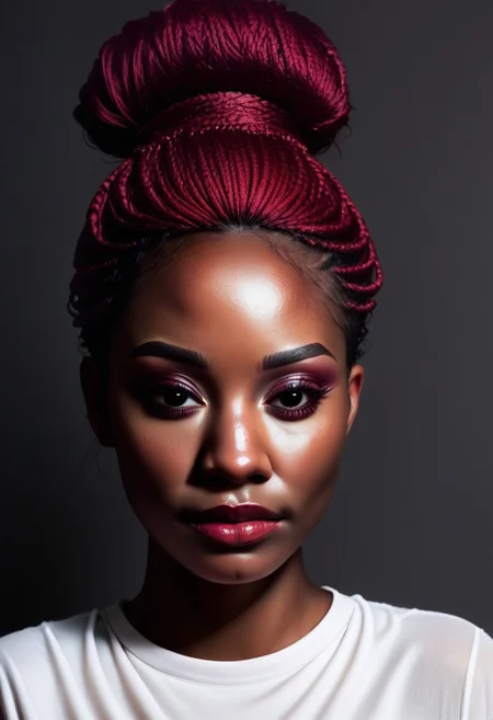 score_9, score_8_up, score_7_up, 1 woman, dark skin, long black2maroon box braids, updo, portrait,close up, b0ll4nd, oversized sheer white tshirt, DRKDL, dramatic lighting,skin texture style, detailed skin pore, detailed skin, realistic skin